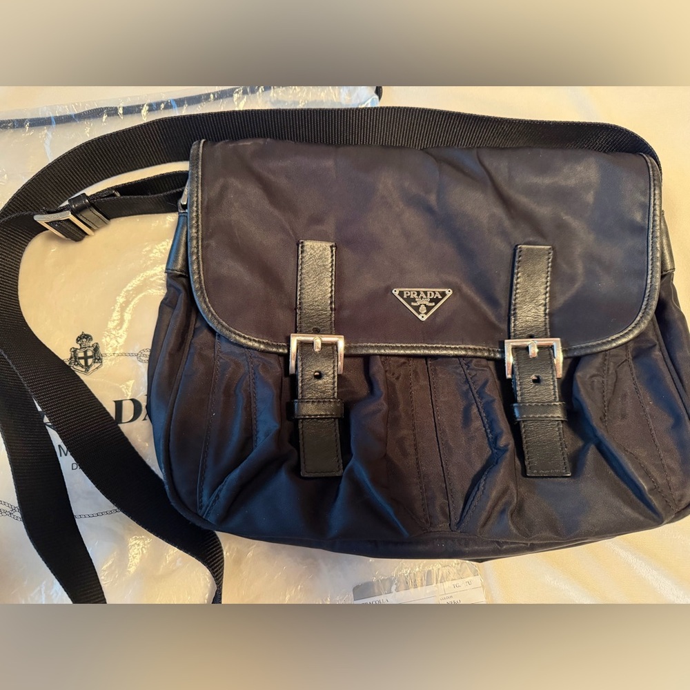 Authentic Prada Black Messenger Bag, cross body, nylon/leather, cards, dust bag